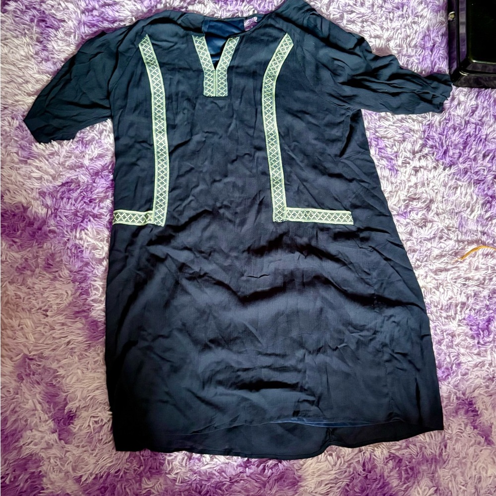 White Mark Navy Dress with Geometric White Trim